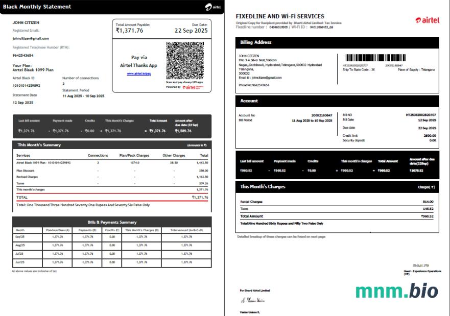 Szablon India Airtel rachunek za media w formatach Word i PDF, 2 strony, Wersja 5